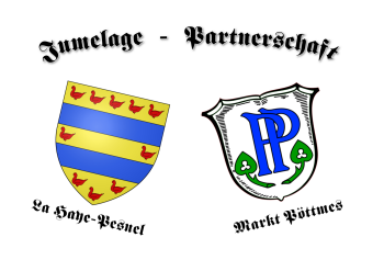 Logo des Partnerschaftskomitees Pöttmes – Jumelage · Partnerschaft, La Haye-Pesnel und Markt Pöttmes
